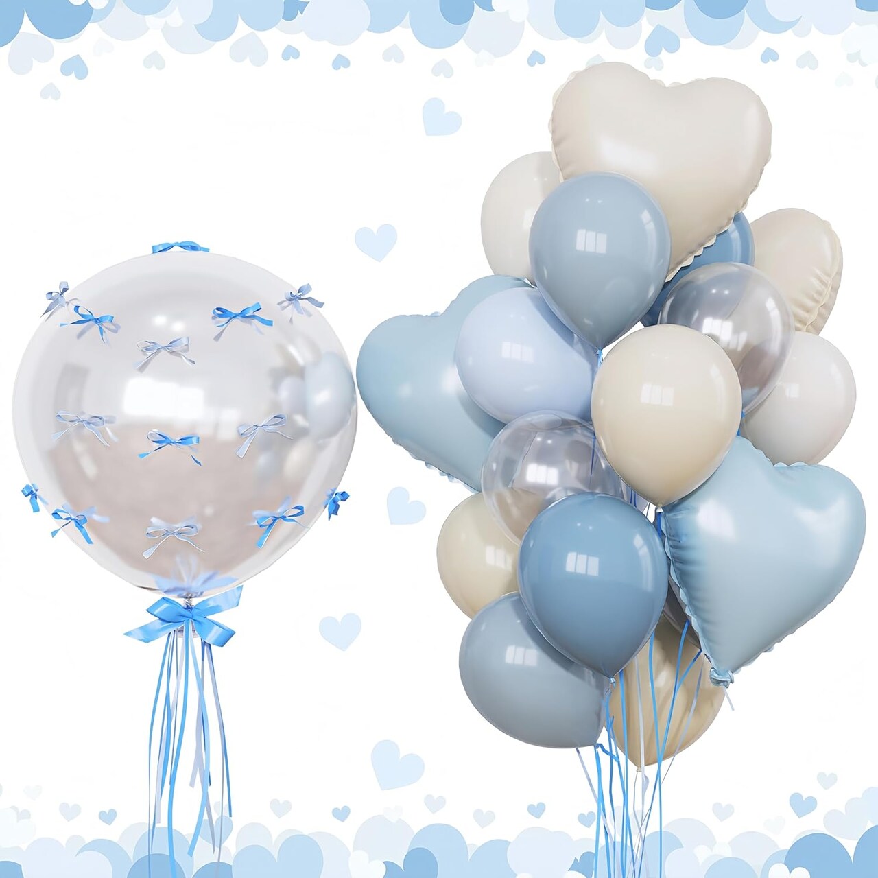 Blue & Cream Heart Balloon Set – 18" Heart Mylar Balloons, Clear Foil Balloon, and Nude Blue Latex Balloons for Boys’ Birthday, Baby Shower, Christening & Elegant Party Decorations (Blue and Cream White)